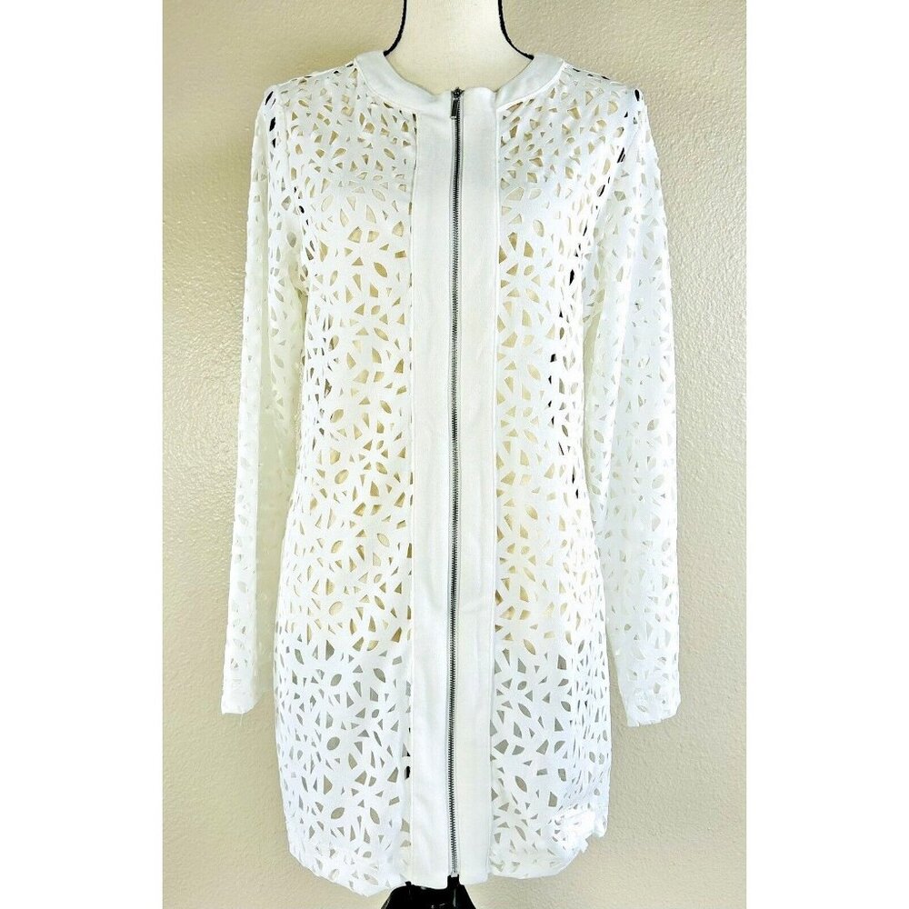 Peck & Peck Tunic White Eyelet Geometric Cut Out Zipper Front Long Sleeve S NWT